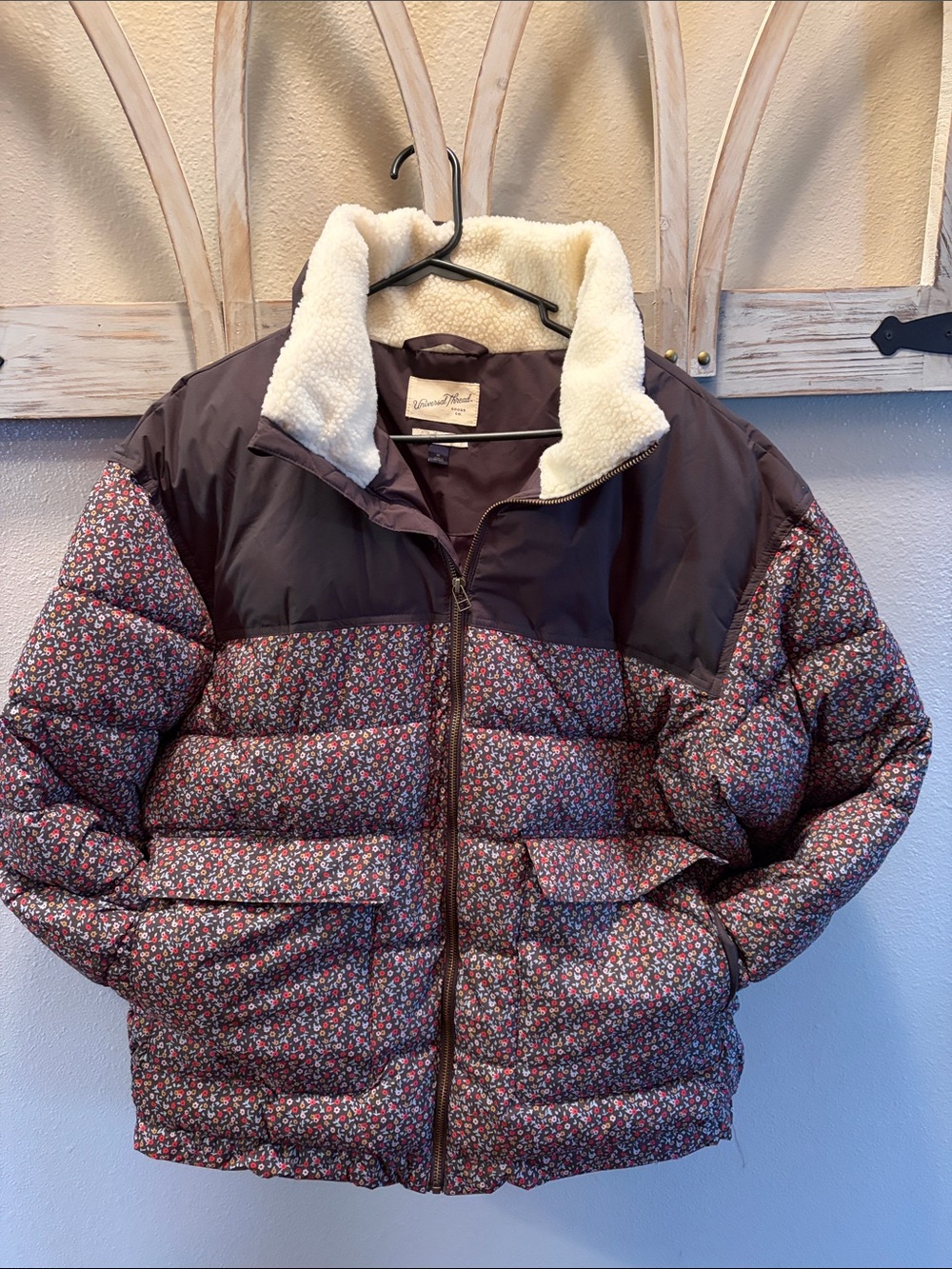 Universal Thread Floral Quilted Puffer Jacket with Sherpa Collar - Brown Multi